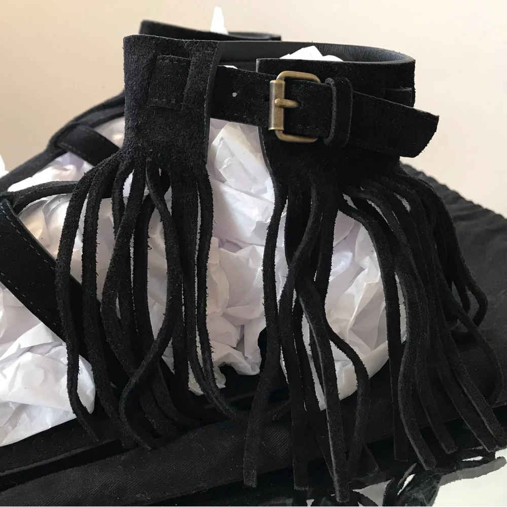 Saint Laurent Black Suede Fringe Ankle Strap Sandals